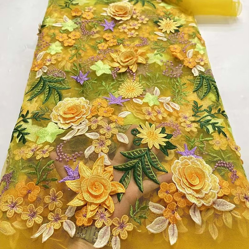 Textile And Sewing Supply - قماش دانتيل شبكي مطرز بالزهور ثلاثي
